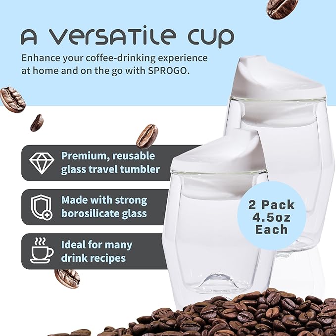 To-Go Espresso Glass Travel Mug with Lid, Reusable Double Wall Glass Tumbler, Fits Most Coffee Makers/Cupholders for Your Car, Gifts for Coffee Lovers, 2-Pack Flat White Cortado Cups