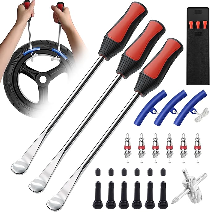 11.5" Tire Spoon Kit, 26pcs Tire Changing Tool for Motorcycle Dirt Bike Lawn Tractor Bicycle, Motorcycle Tire Changer Tire Removal Tool with 3pcs Rim Covers 6pcs Valve Tool Valve Cores(Red)