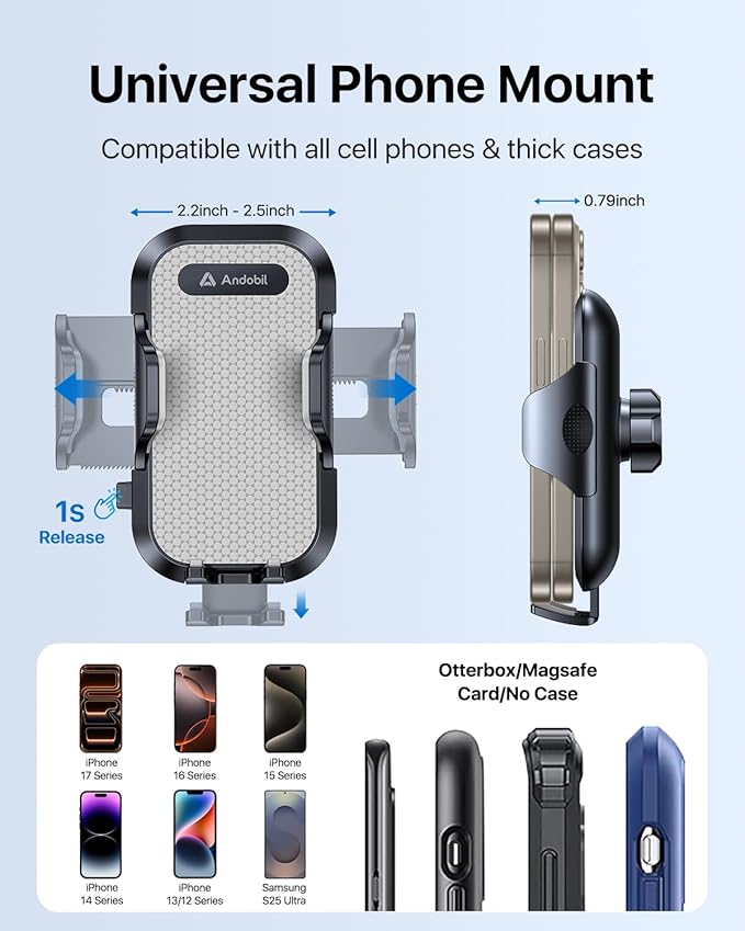 andobil 2025 Upgraded Car Phone Holder Mount for Vent, Military Sturdy Metal Clip Air Vent Phone Holder for Your Car Easy Used Cell Phone Car Mount for iPhone 16 15 14 13 12 Pro Max Samsung Grey