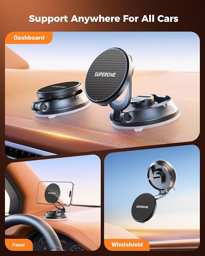 SUPERONE for MagSafe Car Mount Charger, 15W Magnetic Wireless Car Charger with Suction Cup, [Windshield+Dash] 360° Vacuum Phone Holders for Your Car for iPhone 17 16 15 14 13 12 Samsung with MagSafe