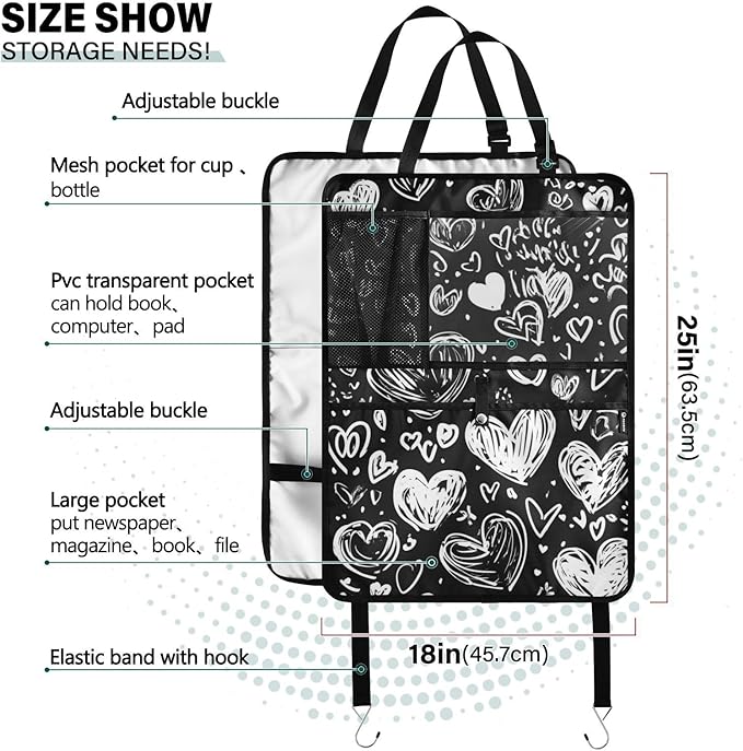 White Dodle Hearts 1 Pack Backseat Car Organizer with Storage Pockets Seat Back Organizers for Kids Kick Mats Backseat Protector Automotive
