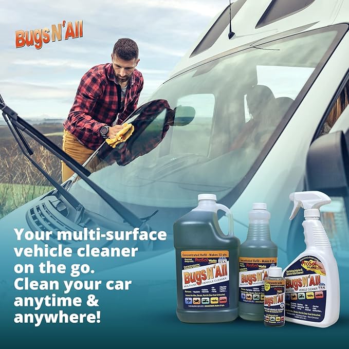 Bugs N’ All Multipurpose Car Cleaner & Degreaser - Bug & Tar Remover Concentrate 1 Gallon - Exterior Cleaner Safe for Car Paint, Metal, Chrome, Aluminum, Windows & Mirrors - w/Free 32 oz Spray Bottle