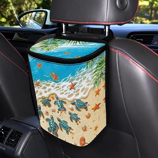 Beach Sea Turtle Car Trash Can with Lid Car Garage Bag Automotive Garbage Can Reusable Auto Accessories Interior Car Organizer with Adjustable Straps