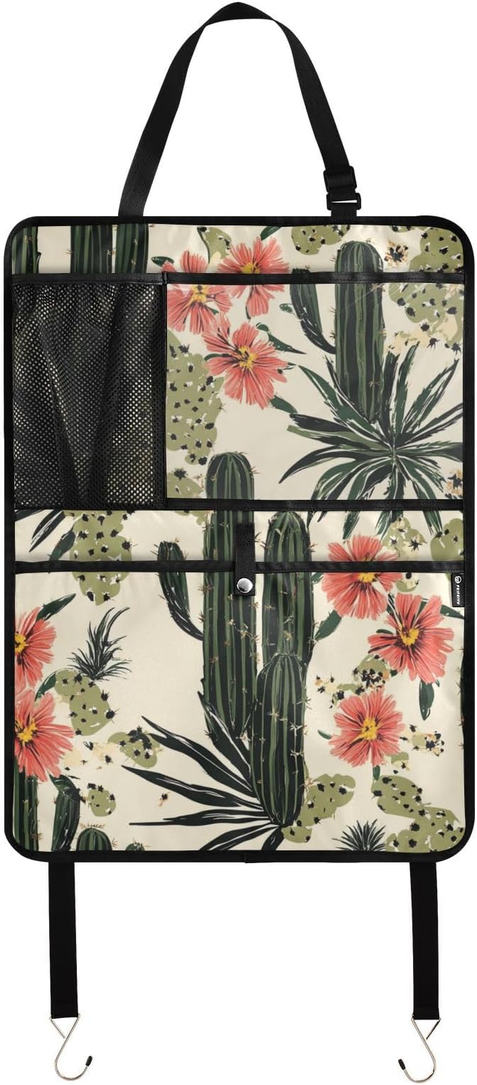 Retro Cactus Polynesia Flower 2 Pack Backseat Car Organizer with Storage Pockets Seat Back Organizers for Kids Kick Mats Backseat Protector Automotive