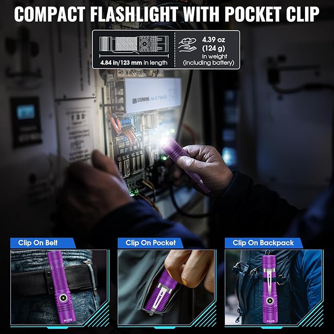 Rechargeable Tactical Flashlights, High Lumens Small Mini USB-C LED Flashlight, Compact EDC Flash Light, 4 Modes&Memory Function, Waterproof Pocket Lights for Home,Camping,Emergency (2, Purple)