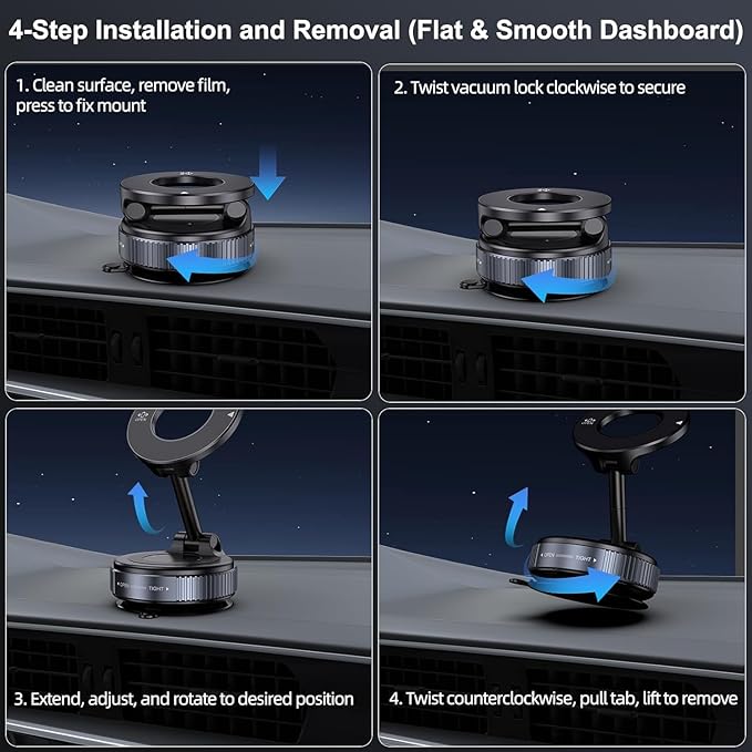 Car Phone Holder for Magsafe, Vacuum Suction Cup Magnetic Phone Mount, 360° Adjustable Phone MagMount for Car/Ceramic Tile/Gym/Mirror, Load up to 1kg, Magnetic Force ≥14N（Black）