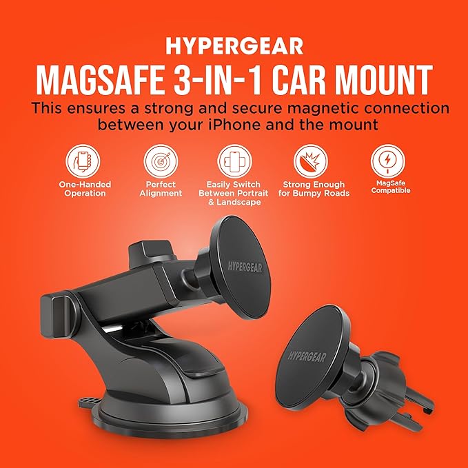 HyperGear MagSafe Car Mount - Magnetic Phone Holders for your Car Phone Holder Mount, Hands Free Mobile 3 Mounting Options (Windshield+Vent+Dash), Adapter included Cellphone Holder for iPhone, Android