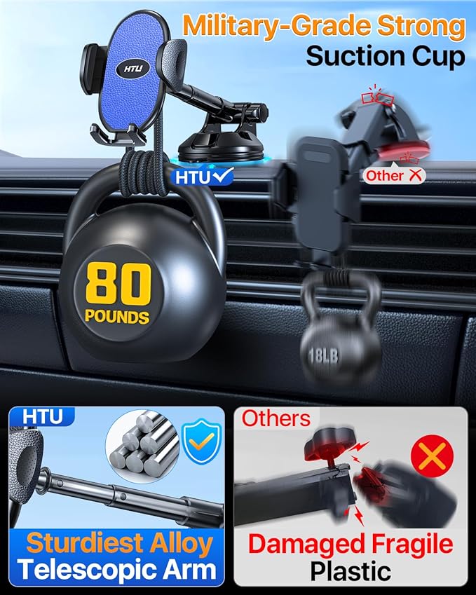 HTU 【Military-Grade Suction】 2025 Cell Phone Holder for Car【Flexible Telescopic Arm】 Car Phone Mount Stand for Dashboard Windshield for iPhone 16 Pro Max 15 14 13 12 Samsung Truck Jeep (Indigo)
