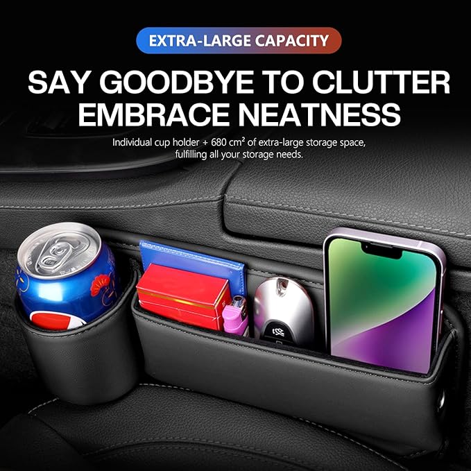 Car Leather Cup Holder Gap Bag, Car Seat Gap Filler Organizer with Water Cup Holder and Phone Charging Hole (White, Driver Side)