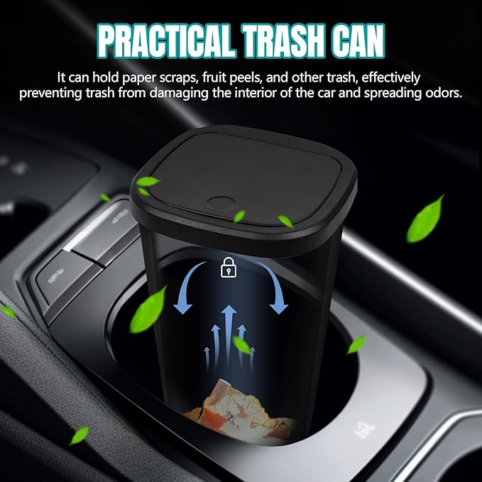 Car Trash Can with Lid, Portable Mini Trash Cup for Cars, Automotive Cup Holder Garbage Can with Garbage Bags, Leakproof Auto Waste Storage Bin Organizer, Universal Car Accessories
