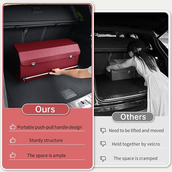 Car Trunk Organizer, Trunk Organizer for SUV with Push-pull Handle and Lid Car Leather Trunk Storage Box (Claret, 27.17 x 11.42 x 12.2in)