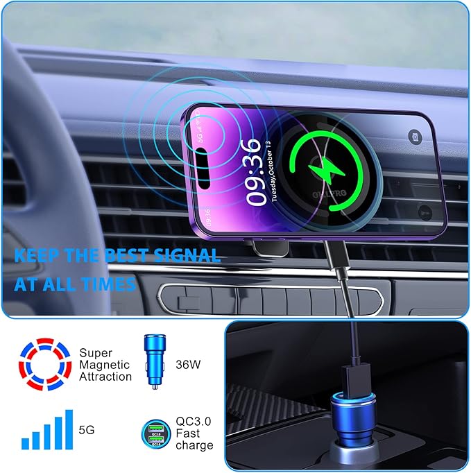 OHLPRO for iPhone 17 Pro Max Magsafe Car Mount Charger, 15W Fast Charging Dashboard Magnetic Car Phone Holder with Vent Clip and 3M Adhesive Base for iPhone 16 15 14 13 12 Series, Blue