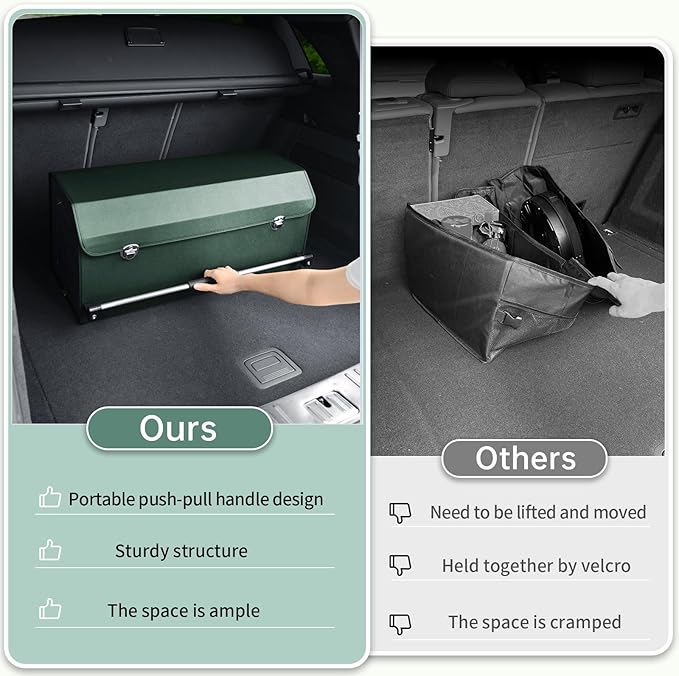 Car Trunk Organizer, Leather Trunk Organizer with Lid and Push-pull Handle Car Trunk Storage Box for SUV, Minivan, Truck, Sedan (Green, 27.1 x 11.4 x 12.2in)