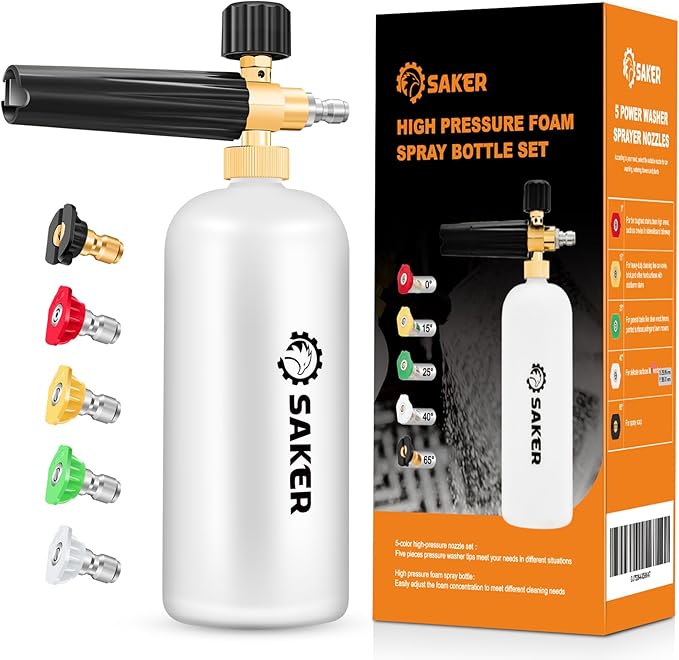 Saker Foam Cannon, 1/4 Inch Quick Connect, Power Washer Foam Cannon with 5 Pressure Washer Nozzles