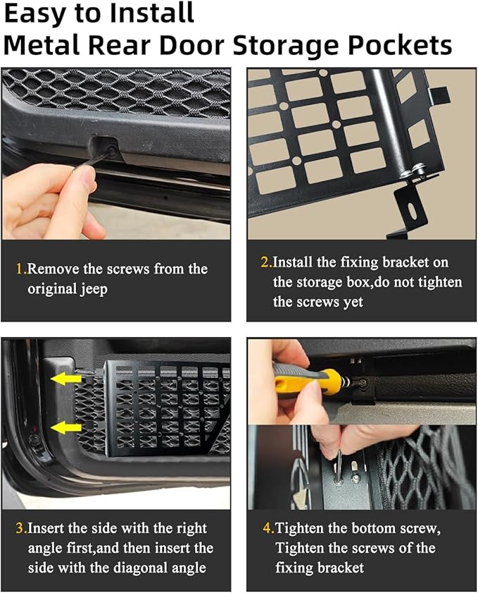 1 Pair Aluminum Rear Door Storage Pockets for 2007-2018 Jeep Wrangler JK JKU - Black Organizer with Tool-Free Install, Anti-Rust Coating & Accessory Mount (Grid)
