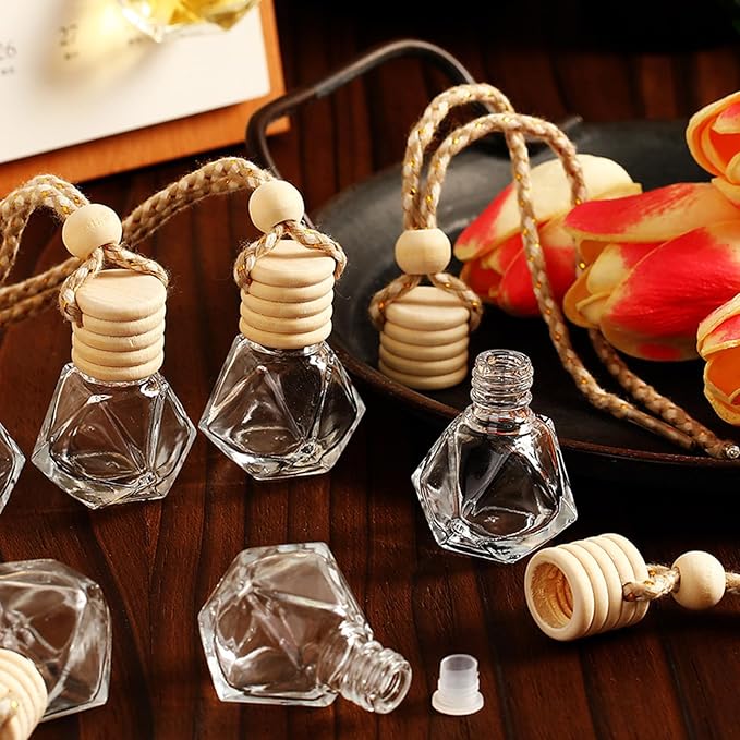 Zubebe 300 Pcs 8ml Hanging Air Freshener Diffuser Bottle Bulk Empty Glass Perfume Bottles Refillable Aromatherapy Essential Oils Pendant for Auto Interior Ornaments