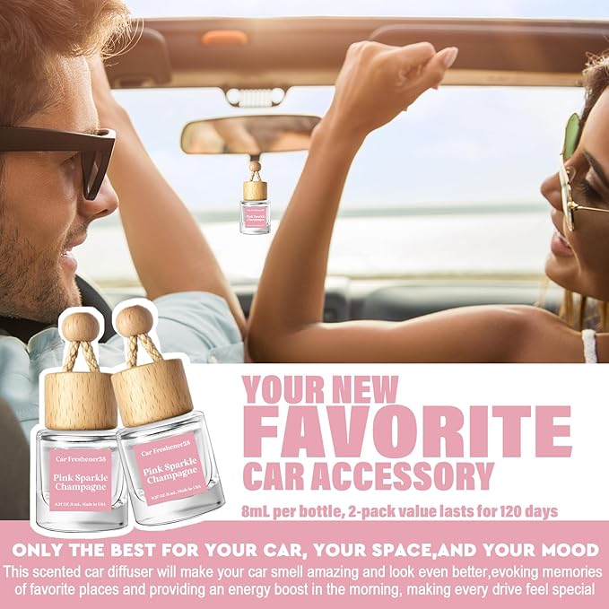 HoogaLife Car Air Freshener Diffuser 2 Pack Hanging Air Freshener Diffuser - Pink Sparkle Champagne Fragrance Oil Air Diffuse r for Car, 45+ Days Long Lasting Fragrance Made in USA (P38)