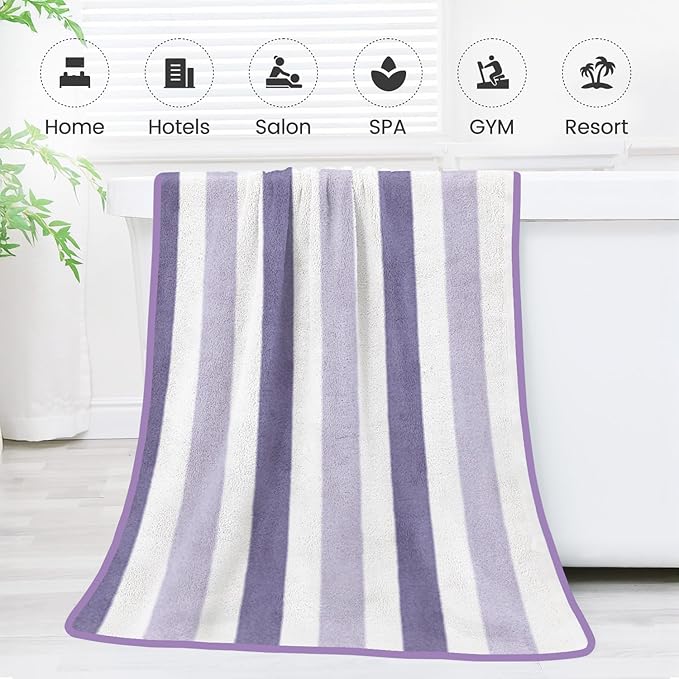 JML Microfiber Bath Towels, Bath Towel 2 Pack 30" x 60", Oversized, Soft, Super Absorbent and Fast Drying, Multipurpose Bathroom Towel Set for Sport, Fitness, Yoga, Coral Fleece Stripe Purple