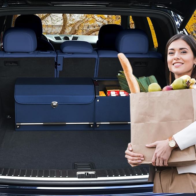 Car Trunk Organizer, Leather Trunk Organizer for SUV with Lid and Sturdy Handle Collapsible Adjustable Storage (Blue, 33 x 11.4 x 12.2in)