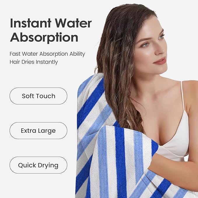 JML Bath Towels Set, Large Microfiber Bath Towel for Body, 2 Pack, 30" x 60", Oversized, Soft, Super Absorbent,Fast Drying, Perfect for Shower, Sauna, Gym, Sports, Fitness, Yoga, Cabana Stripe Blue