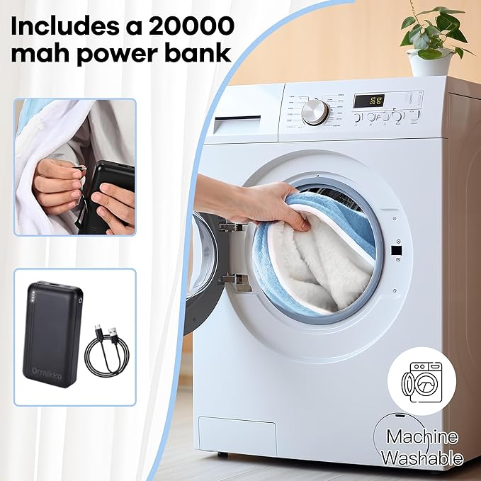 Wearable Heated Blanket with 20000mAh Power Bank, 11 Heating Zones, 3 Heat Levels, Timer, USB Powered, Machine Washable, for Camping, Office, Travel, Home Use (Snowy Blue)