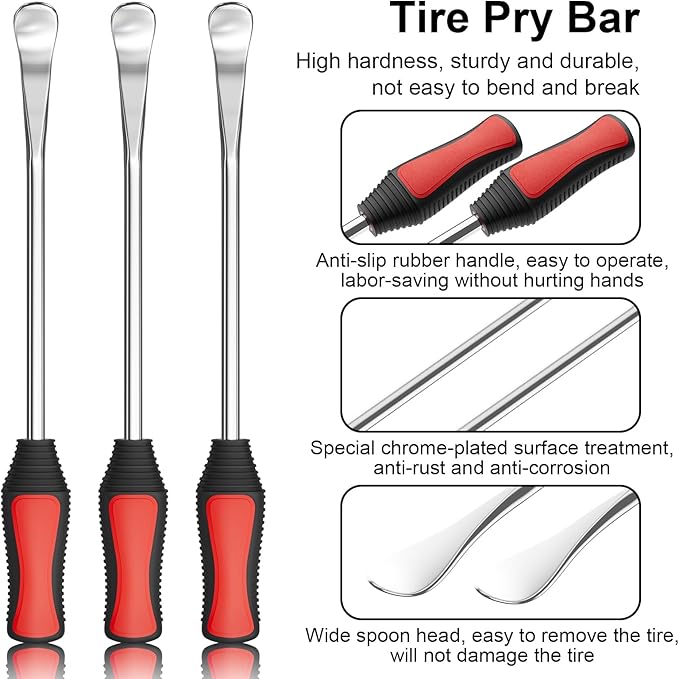 11.5" Tire Spoon Kit, 26pcs Tire Changing Tool for Motorcycle Dirt Bike Lawn Tractor Bicycle, Motorcycle Tire Changer Tire Removal Tool with 3pcs Rim Covers 6pcs Valve Tool Valve Cores(Red)