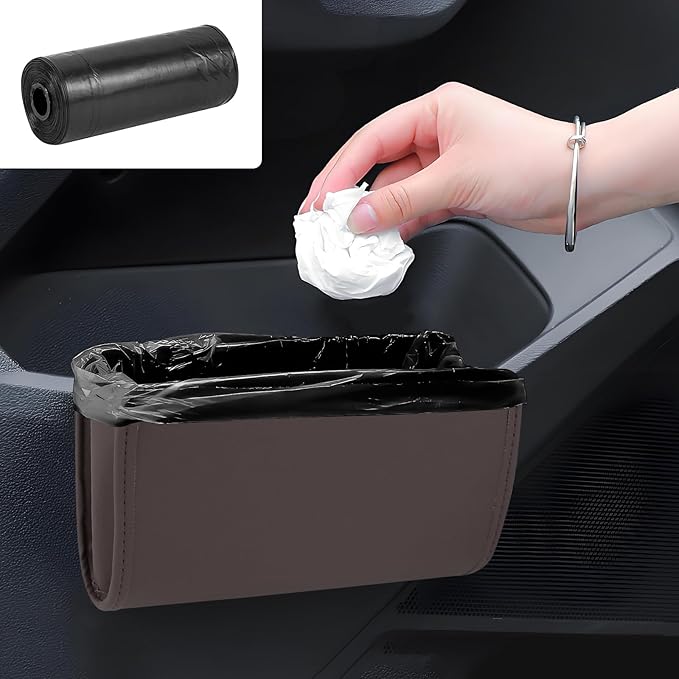 Hovom Car Trash Can, Leather Waterproof Automotive Garbage Can with Trash Bag, Hanging Mini Vehicle Trash Bin, Small Auto Door Organizer Storage Pouch, Universal Car Accessories (Brown)