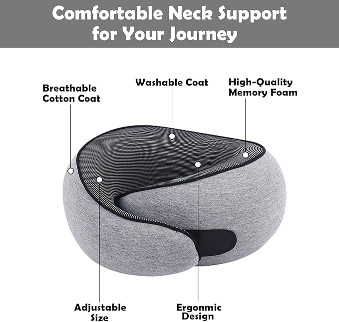 Airplane Travel Neck Pillow for Support Long Flight,Memory Foam Travel Pillow Compact Head Support with Pain Relief,Ergonomic Sleeping Pillow & Road Trips(Gray)