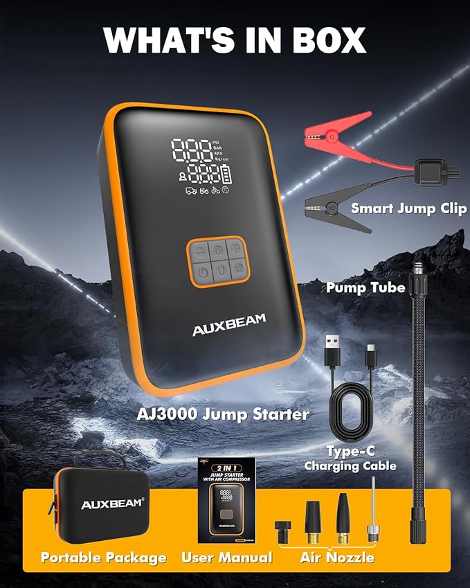 Auxbeam Jump Starter with Air Compressor 3000A Car Battery Jump Starter (6.5 Gas/3.0L Diesel) with 150PSI Cordless Tire Inflator 12V Jumper Box for Car Battery Portable for Compact Vehicle