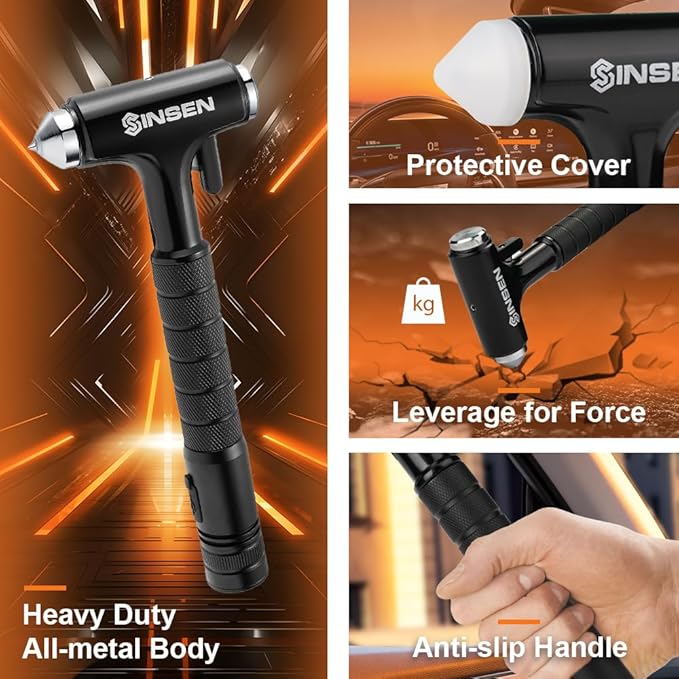 SINSEN Automotive Escape Tool, Window Breaker Seatbelt Cutter, Car Flashlight Safety Hammer, Emergency Kit Self Defense Accessories, Multifunction 4-in-1 Auto Tactical Gear, Rechargeable Powered Led