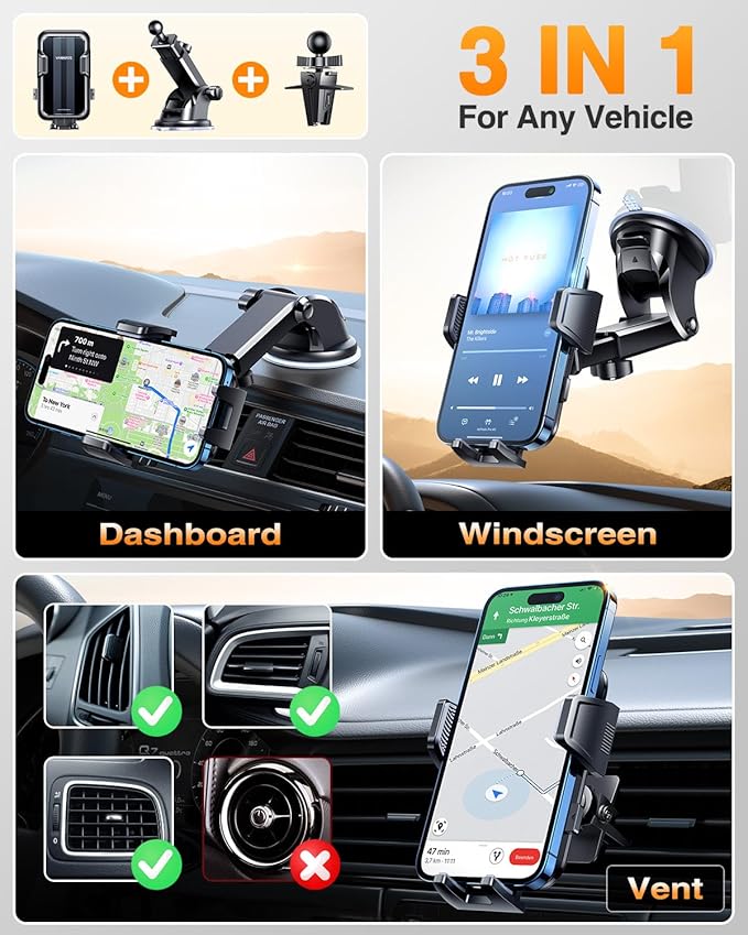 VANMASS 【85+LBS Strongest Suction & Military-Grade Ultimate Car Mount【Patent & Safety Certs】 Cell Phone Holder Truck Stand for GPS Vehicle Dashboard Windshield Vent for iPhone Samsung, Carbon Black