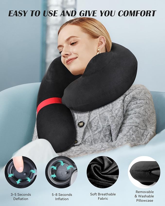 Patented Design Inflatable Travel Neck Pillow – Airplane Neck Pillow with 360° Head & Neck Support, Soft Washable Velvet Cover, Compact Neck Support Pillow for Airplane,Train,Car,Office & Home (Black)