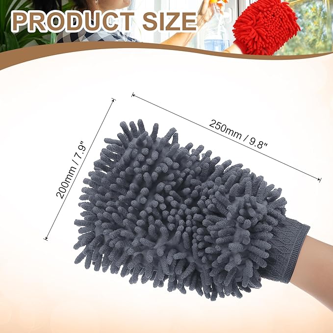 HARFINGTON Chenille Microfiber Car Wash Mitts 9.8" x 7.9" Scratch Free Wash Gloves Absorbent Double Sided Plush Cleaning Drying Mitts for Car Washing Home Gray