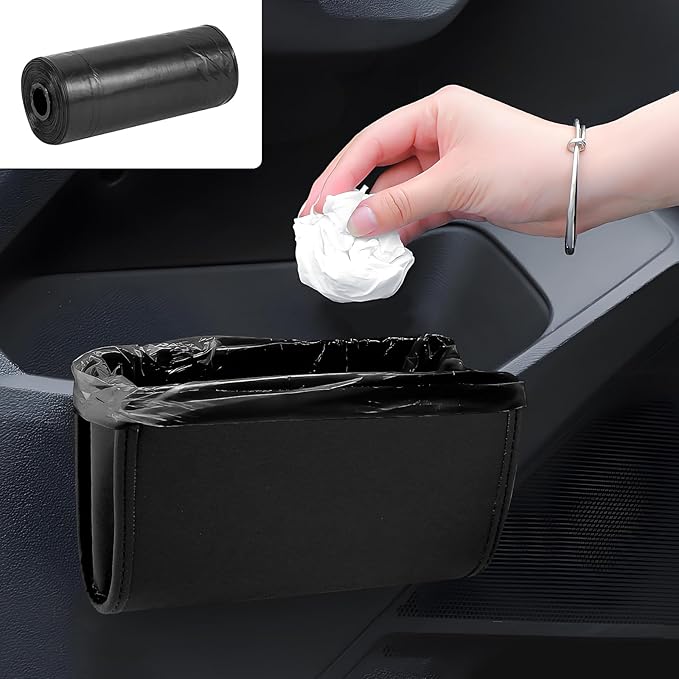 Hovom Car Trash Can, Leather Waterproof Automotive Garbage Can with Trash Bag, Hanging Mini Vehicle Trash Bin, Small Auto Door Organizer Storage Pouch, Universal Car Accessories (Black)