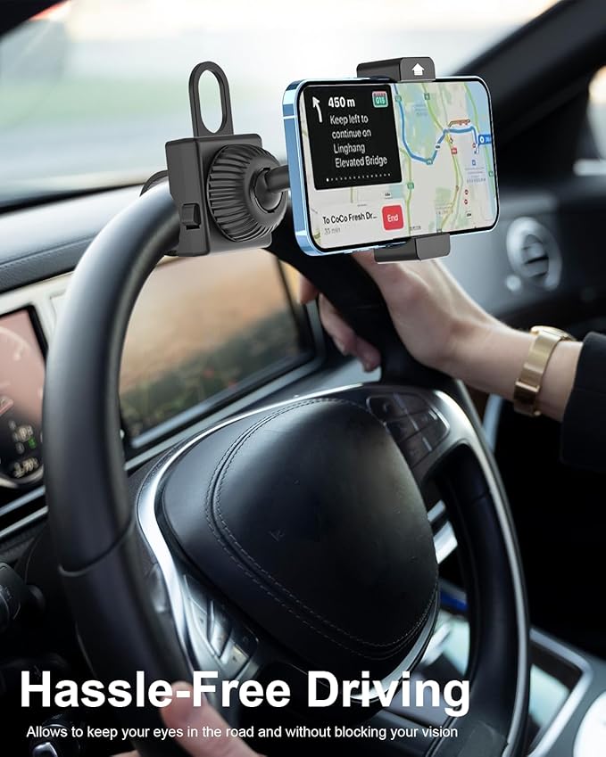 woleyi Car Steering Wheel Phone Holder - [Thick Cases Friendly] 360° Rotatable Phone Holders for Your Car Mount Automobile Hands Free Cradle for iPhone Air 17 16 15 14 13 Pro Max, Galaxy, 4-7" Phones