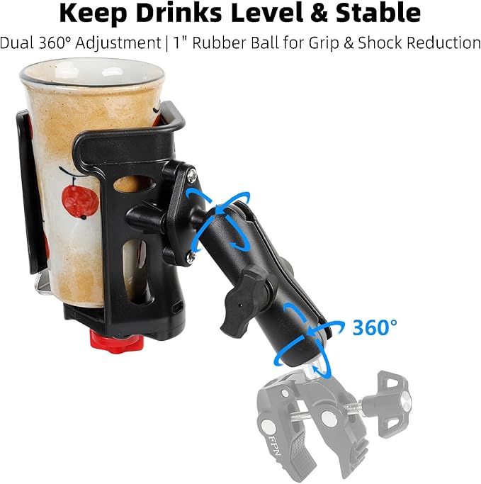 1" Ball Cup Holder with 3.54" Double Socket Arm, Extra Large Adjustable Size Drink Holder for 2.36-3.54" Diameter Bottles, Fits RAM Mounts & Motorcycle/Bike Mount