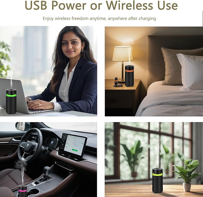 Essential Oil Smart Car Diffuser, 3000 mAH Rechargeable Battery, Cool Mist Aromatherapy Air Freshener Diffuser, Auto On/Off, 4/8 Hour Timing Mode, for Bedroom, Office, Travel (Black)