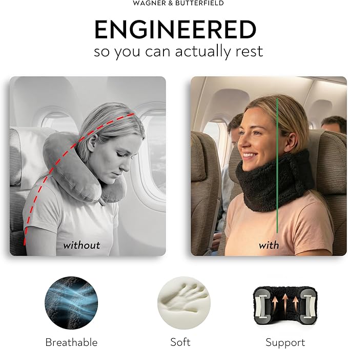 Slim Travel Neck Pillow for Long Flights, 360° Memory Foam Support Travel Neck Pillow with Premium Airplane Comfort Essentials 5pc Set, Best for Sleeping on Airplanes, Cars, Trains | Compact Bag