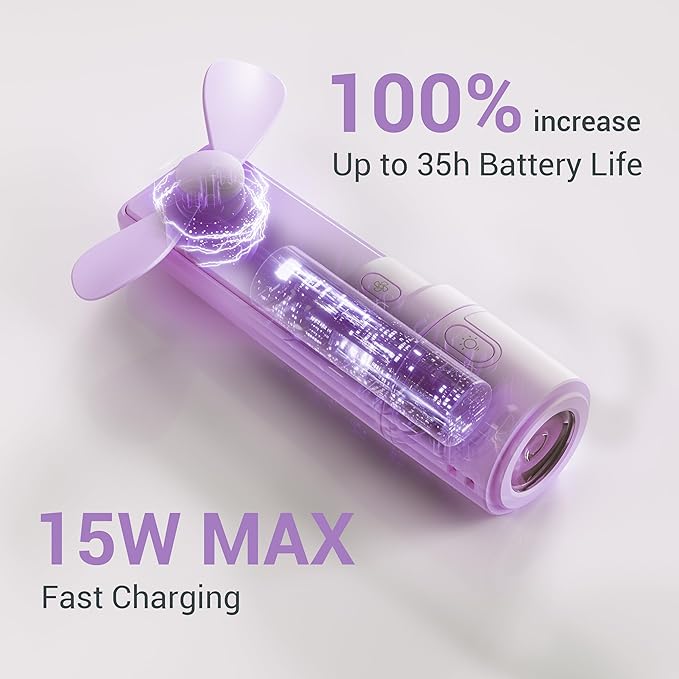 Airluxe Mini 3-in-1 Portable Fan Rechargeable- Handheld Fan with 35-Hour Battery Life, Fast Charging Power Bank&Flashlight- Personal Fan for Travel, Vacation, and Festival Essentials Purple