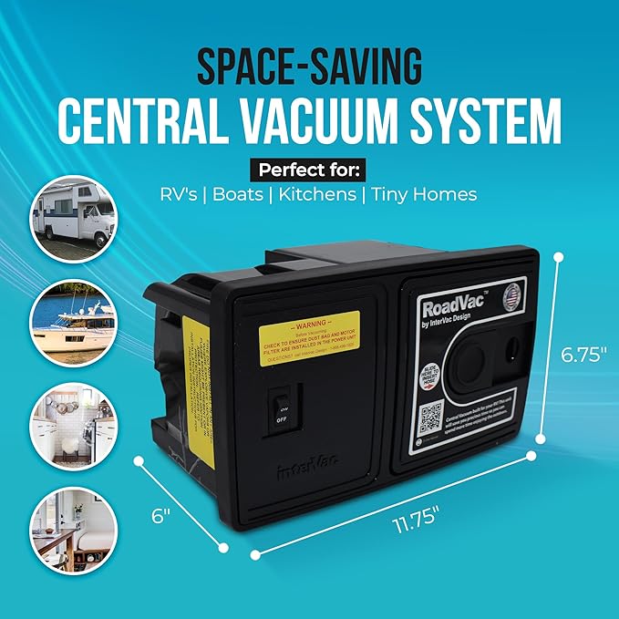 InterVac RoadVac CS-8 with Kit, RV Vacuum for Boats, Kitchens & Tiny Homes, Compact Central Vacuum, Superior Central Vacuum Accessories, Wall-Mounted, W/ 35" Stretch Hose