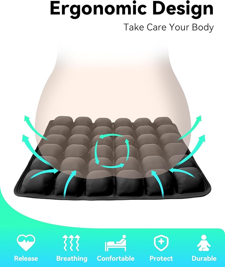 Inflatable 3D Travel Cushion for Airplane, Tailbone Pain Relief Seat Pad with Ergonomic Support, Anti-Slip Bottom, Built-in Pump & Carry Bag for Travel/Office/Car – 36 Air Cells, Green