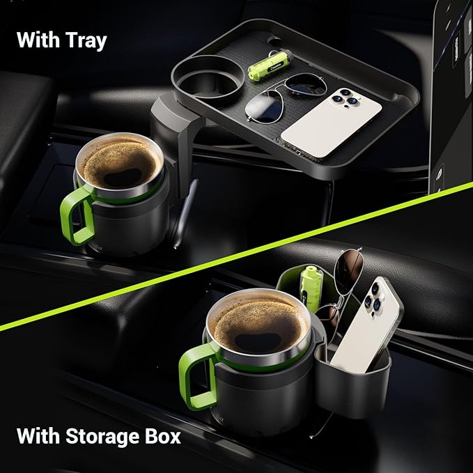 Car Cup Holder Expander Tray with Storage Box 4 in 1 Detachable Food Table Tray Car Console Storage Organizer Road Trip Essentials Accessories Gadgets - Fits Yeti, Hydro Flask 32/40 oz