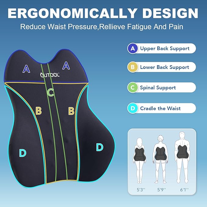 QUTOOL Lumbar Support Pillow for Car, Truck Accessories Travel Essentials, Memory Foam Back Cushion for Driving Seat, Back Pain Relief,Washable Cover, Lower Back Support Fits Most Cars(Black)