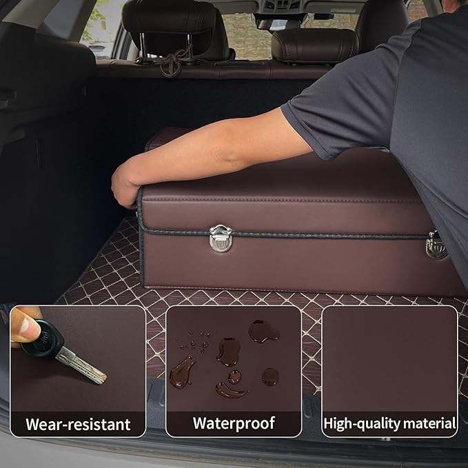Trunk Organizer for Car With Lid,Foldable Trunk Organizer for SUVs & Sedans,Multi-Functional Leather Storage Box- Brown - Large