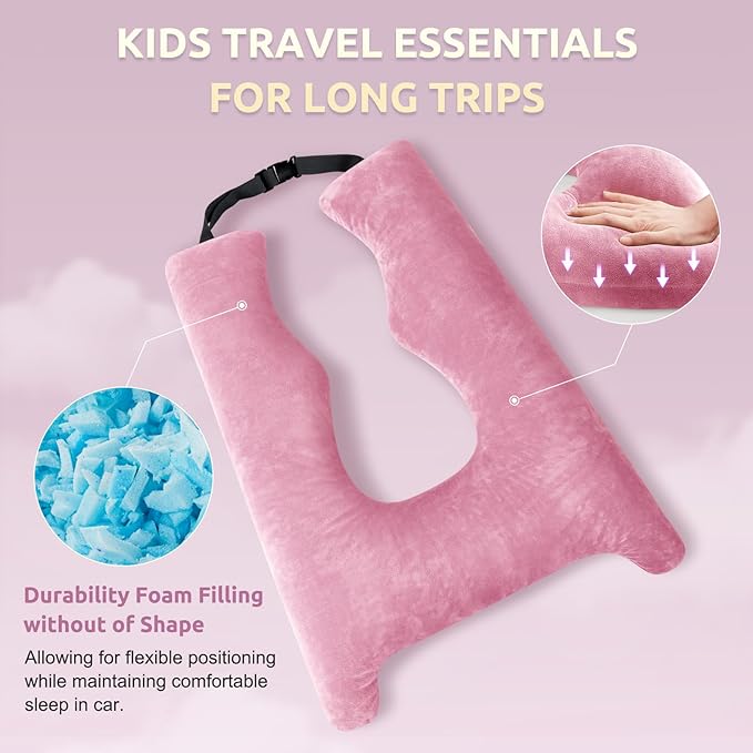 Car Pillow for Kids, Travel Pillow with Adjustable Strap, U-Shaped Pillow for Adults and Children to Support Head and Body Road Trip Essentials (Pink)