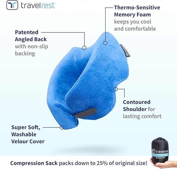 TRAVELREST Nest Neck Support Pillow - Travel Essentials, Memory Foam, Compact Travel Pillow for Long Flights, Plane Sleeping Accessories, Comfortable, Compact, Washable, Attaches to Luggage - Blue