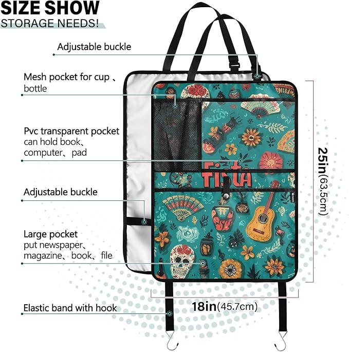 1 Pack Back Seat Car Organizer with Storage Pockets Kick Mats Back Seat Protector Hanging Car Organizer Automotive Seat Back Cover Organizers Fiesta Mexican Green Skulls Guitars Flowers