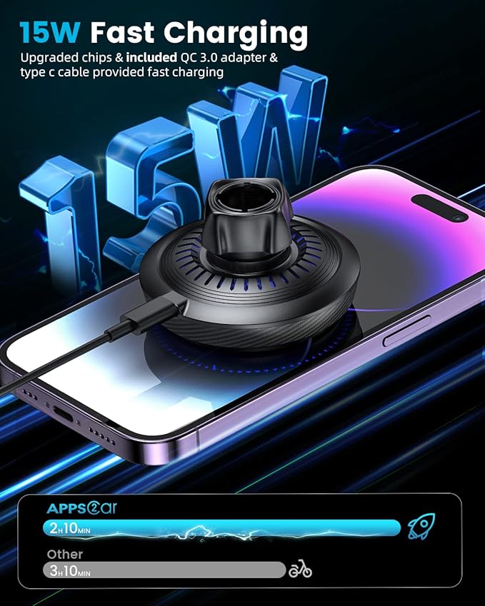 APPS2Car for Magsafe Car Mount Charger Tri-Pivot Magnetic Wireless Cup Holder Phone Mount for Car Truck with Cooling Fan Fast Charging for iPhone 17 16 15 14 13 12 Series [with Car Adapter]