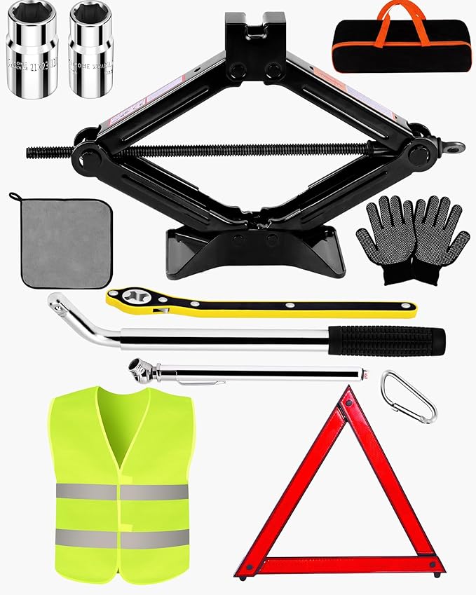 1.5-ton Scissor Jack in Your car's Roadside Emergency kit, Must-Have Spare tire Replacement Stand Tool for Your Vehicle, Telescoping Lug Nut Removal Tool, Ratchet Wrench (QJD1.5T-Set)