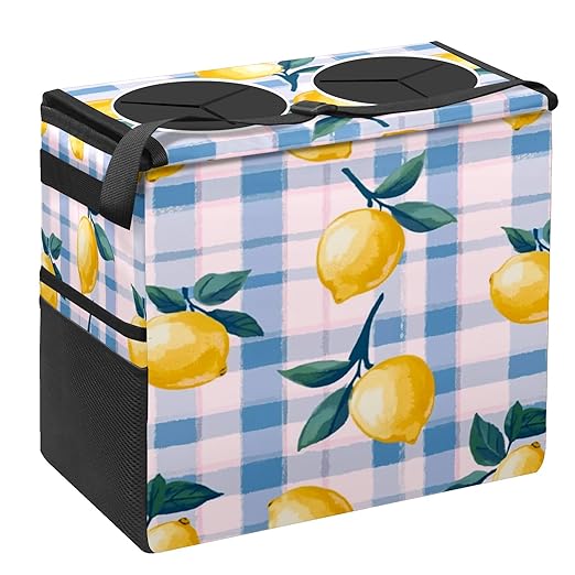 Car Trash Can with Lid, Portable Hanging Automotive Garbage Bin for Vehicles, Leakproof Waste Bag Container for SUV Truck Van Interior Auto Travel Road Trips(Lemons)